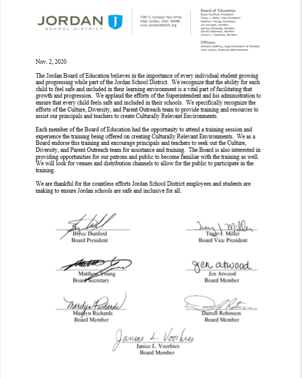 Nov. 2020 Board Letter 
Text included on webpage. Signatures of board members at bottom of letter. 